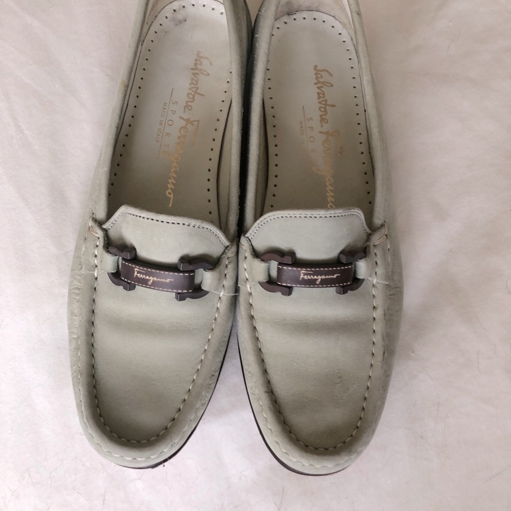 Size 5 1/2 B Salvatore Ferragamo gray suede loafers. Gently used.